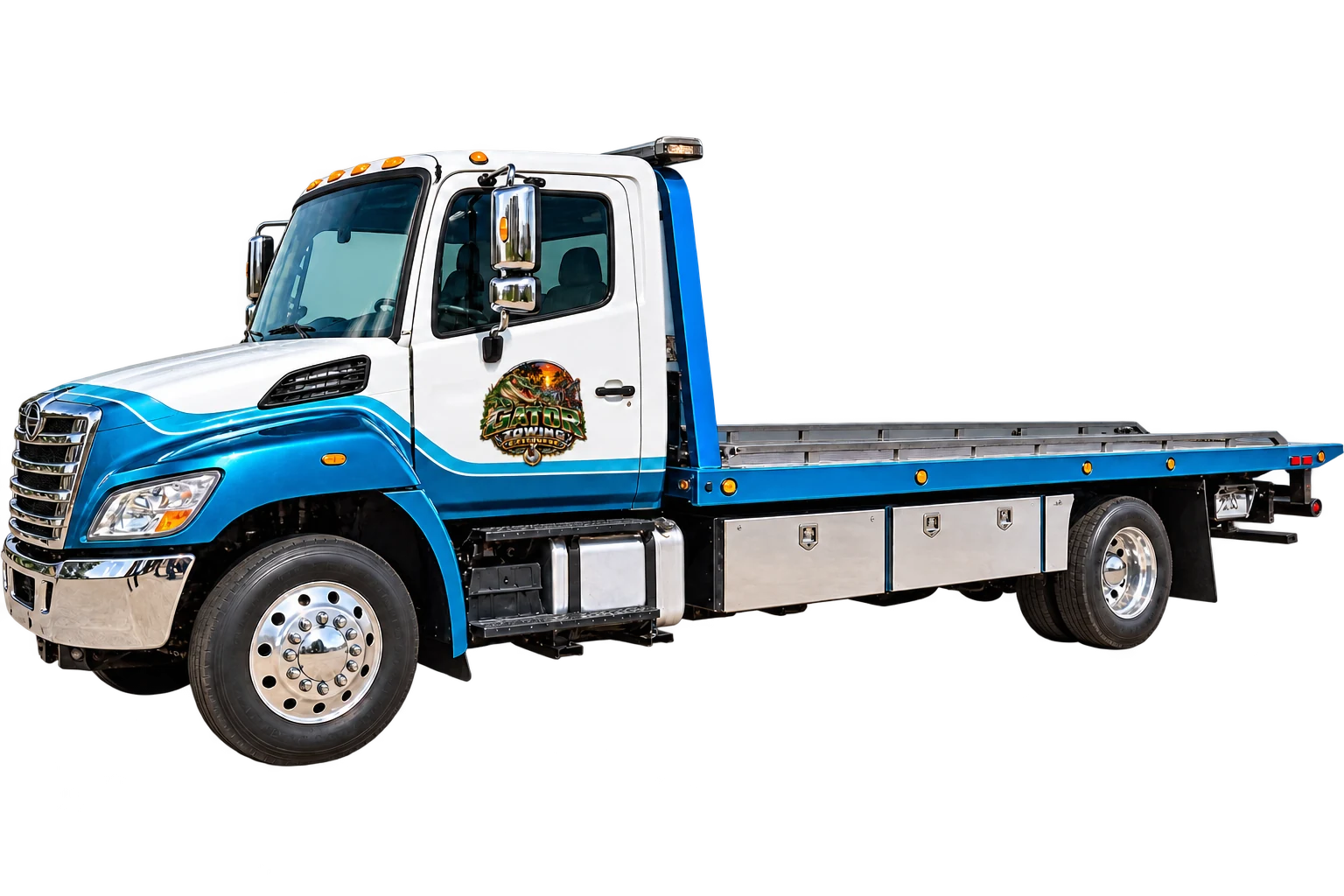 Blue and white Gator flatbed tow truck with door branding
