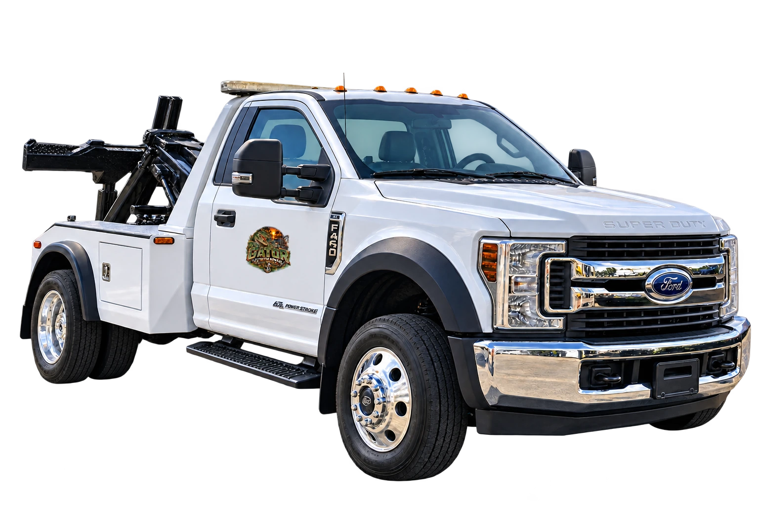 Ford F-450 self-loader with a small Gator Towing and Recovery door decal, shown without a background