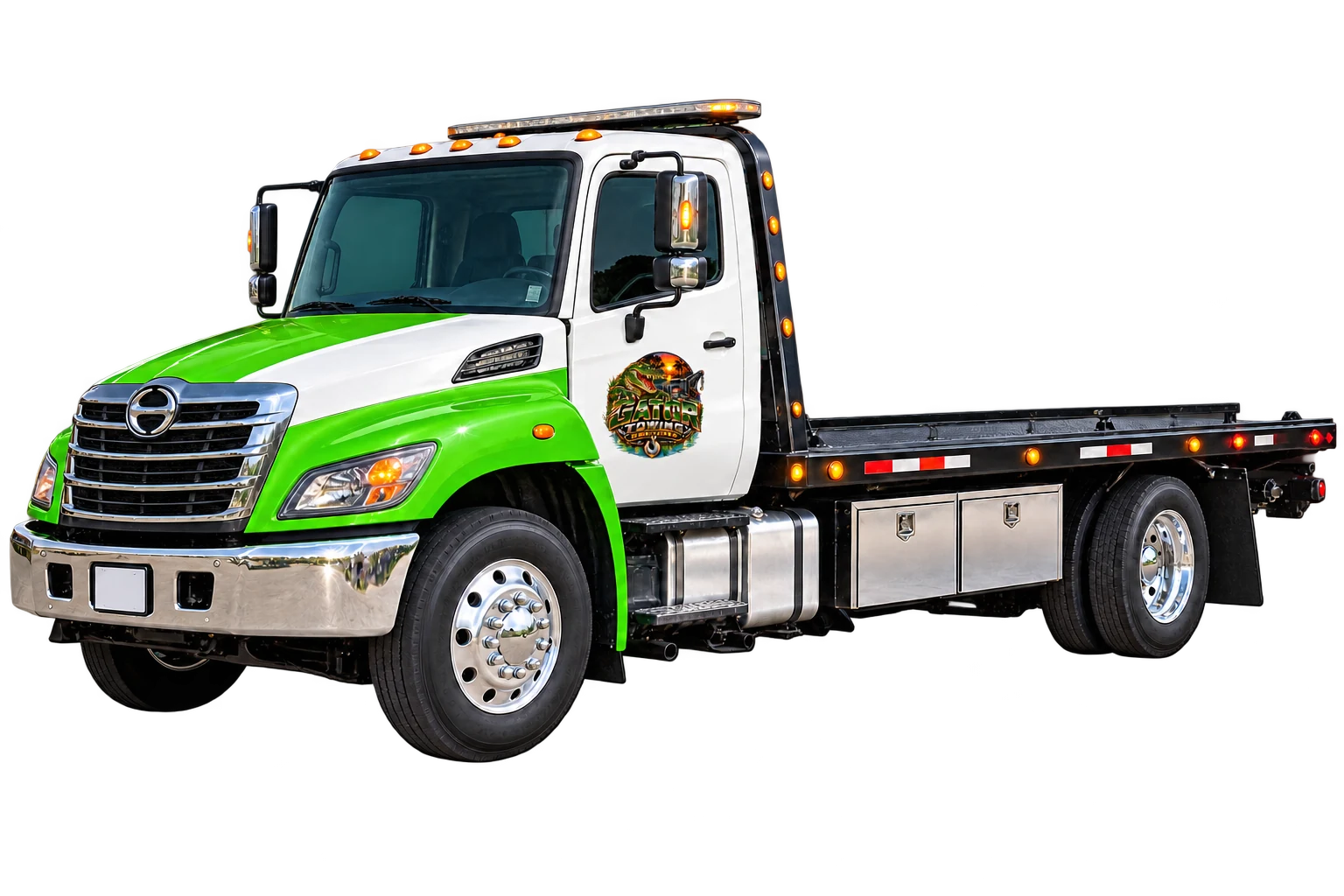 Green and white Gator flatbed tow truck with a small Gator logo on the cab door
