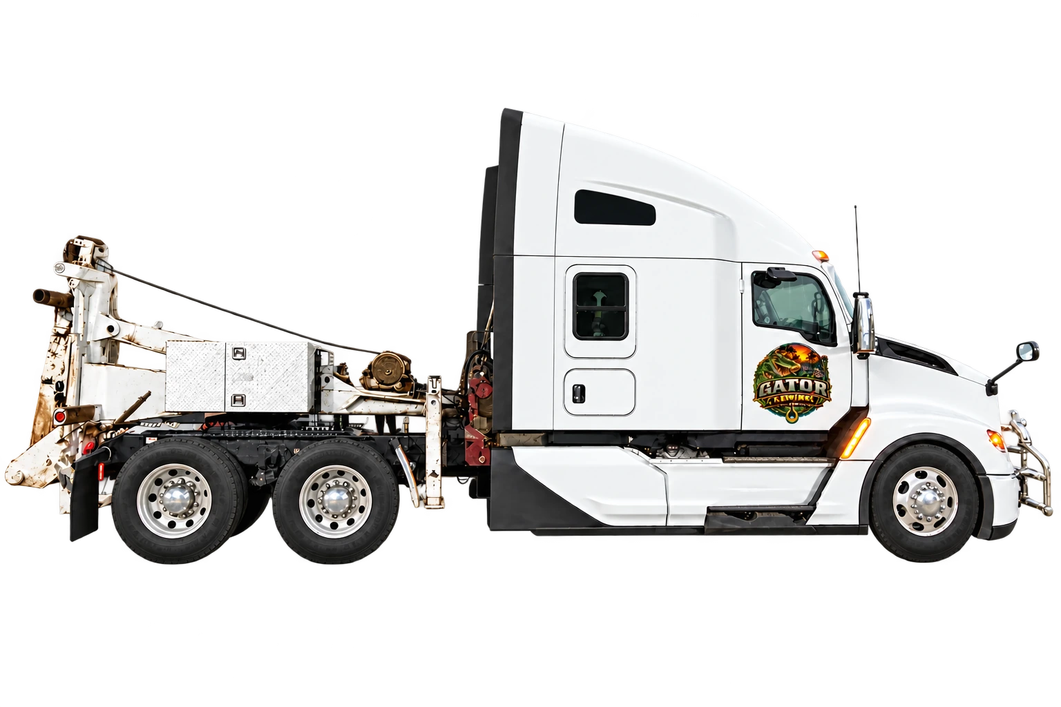 Heavy-duty towing unit with a small Gator Towing and Recovery door decal, shown without a background